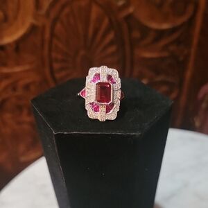 Elegant Art Deco Style Lab Created Ruby & 925 Sterling Silver Ring W/ Gift Box